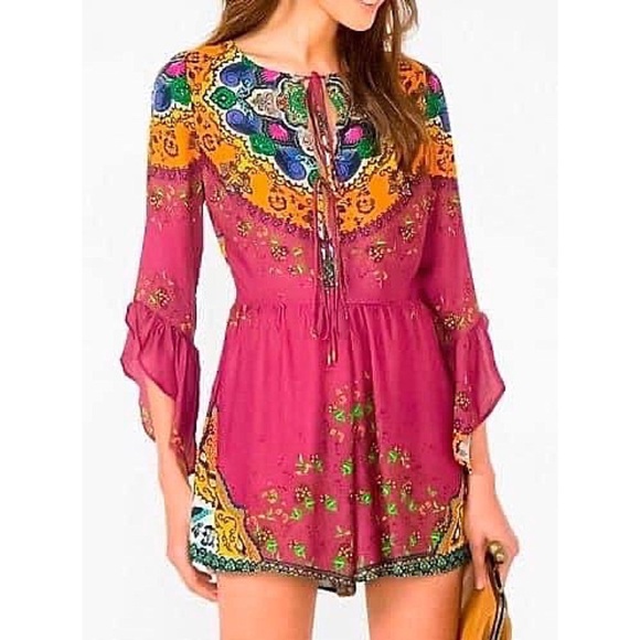 Anthropologie Pants - Farm Rio romper burgundy Anthropologie boho floral ruffle sleeves